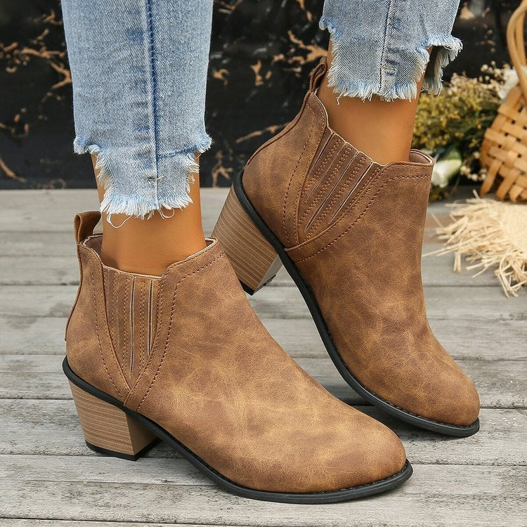 European and American Plus Size Women's Pointed Toe Chunky Heel Martin Boots