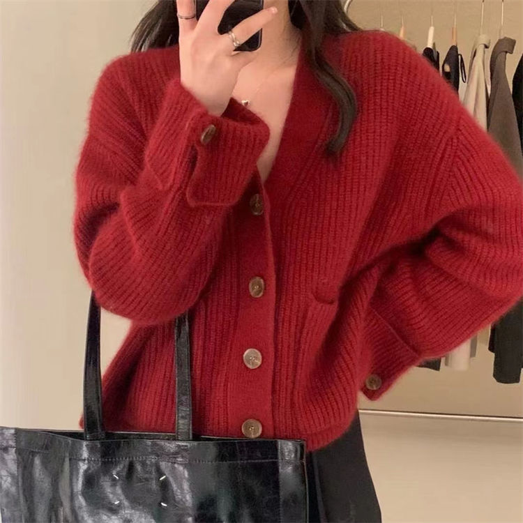 V-Neck Soft Knit Single-Breasted Loose Sweater Coat