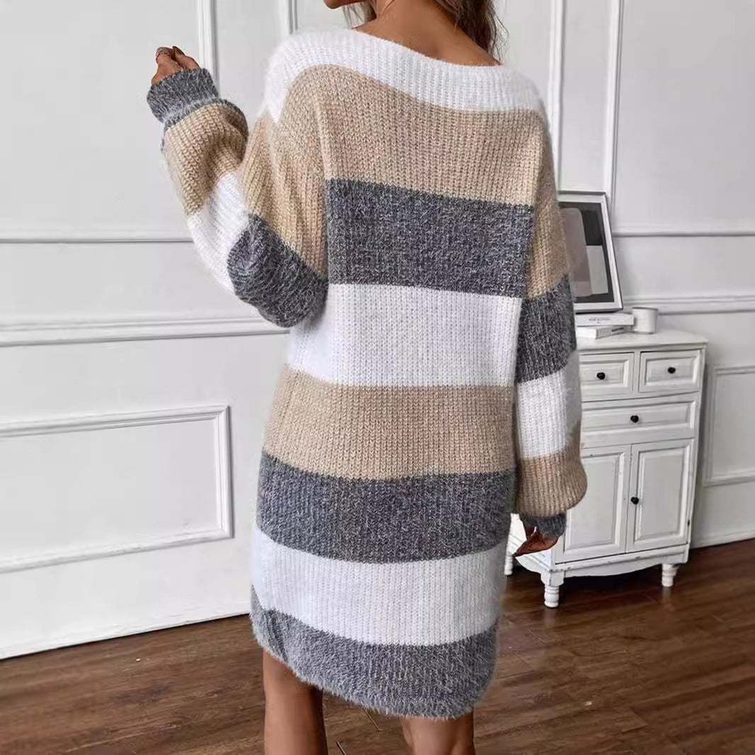 Women's Versatile Contrast Color Striped Sweater Dress