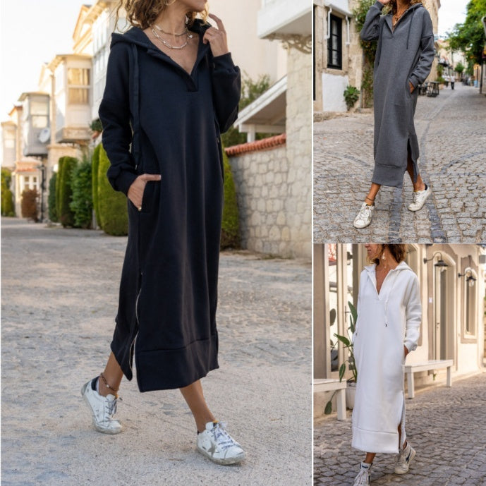 Oversized Loose Knit Hooded Dress, Fleece-Lined Casual Fashion