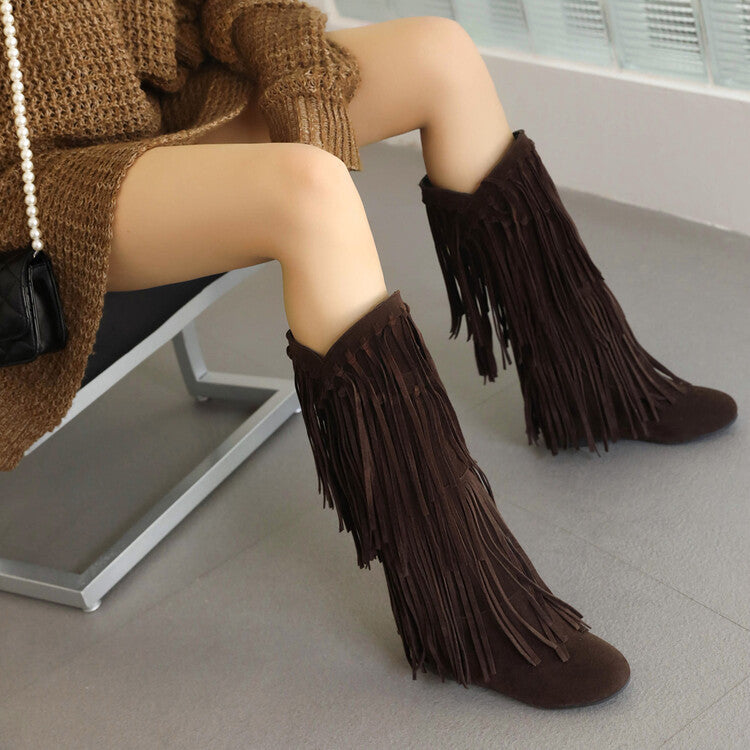 Autumn and Winter Tassel Round Toe Invisible Elevated Casual High Leg Boots for Women