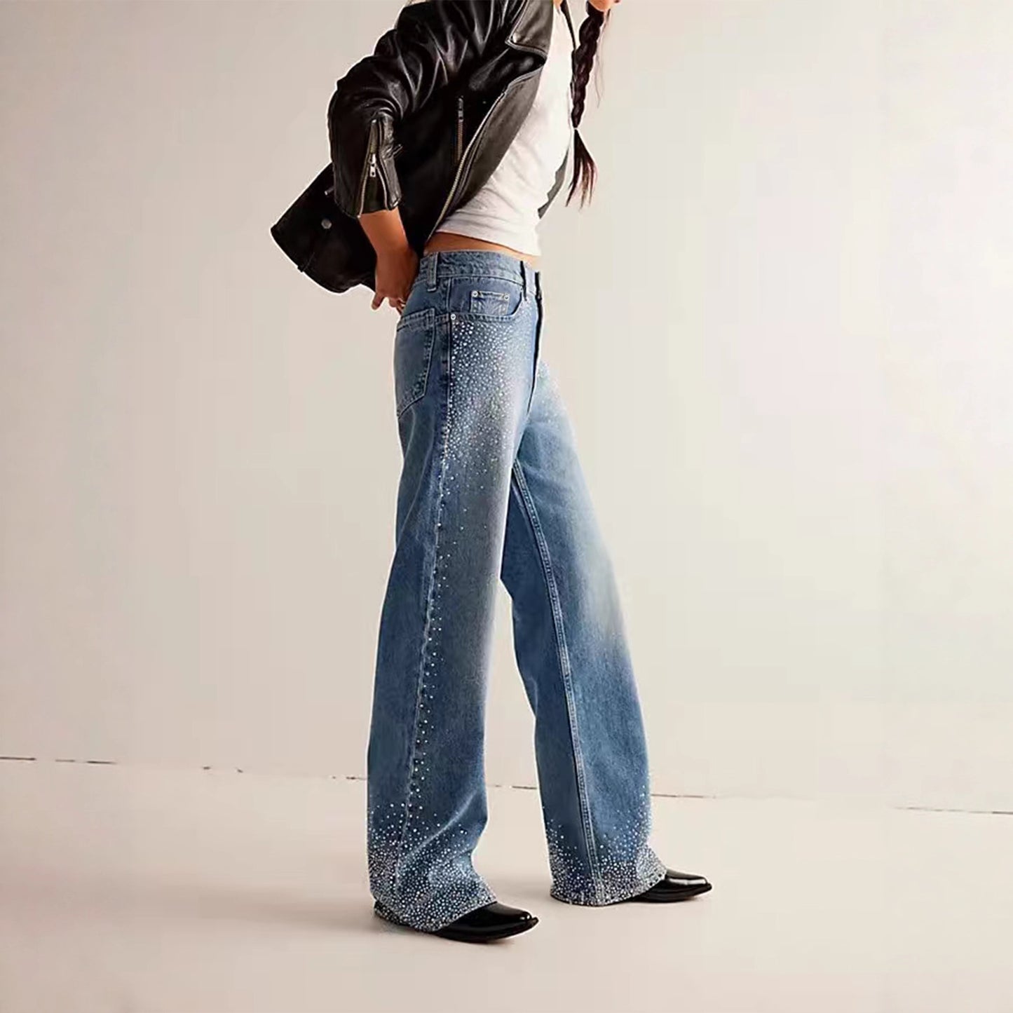 Fashion Stretch Rhinestone Straight-leg Jeans