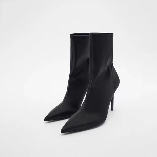 Women's Black High-Elastic Pointed-Toe Stiletto Heel Ankle Boots