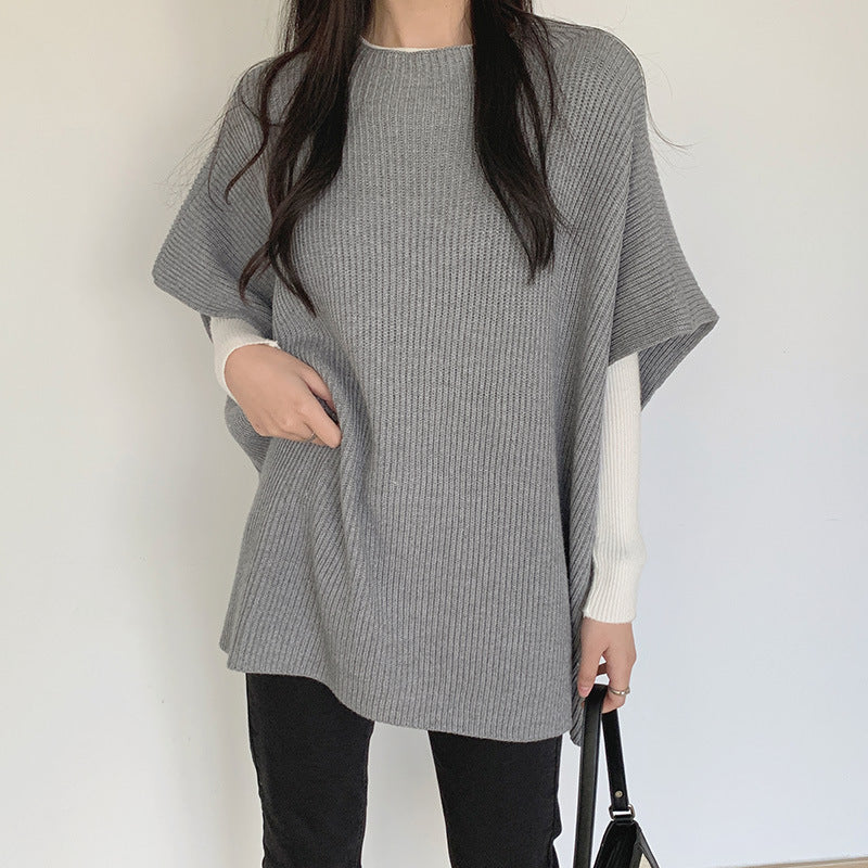 Elegant Loose-Fit Slimming Cape Cloak Sweater - Lightly Mature Style