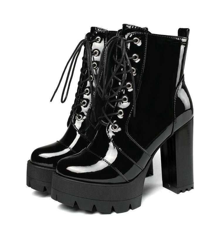 Super High-Heel Round-Toe Thick-Heel Platform Lace-Up Patent Leather Martin Boots