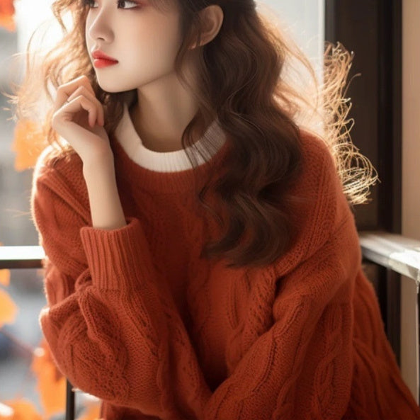 Orange Round Neck Loose Knitted Top – Classic Inner Wear for Fall and Winter