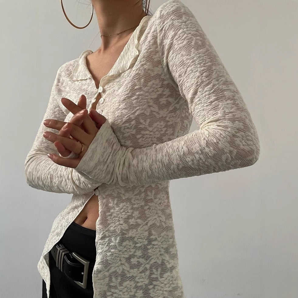 Stylish Sheer Lace Long-Sleeve Lightweight Cardigan T-Shirt