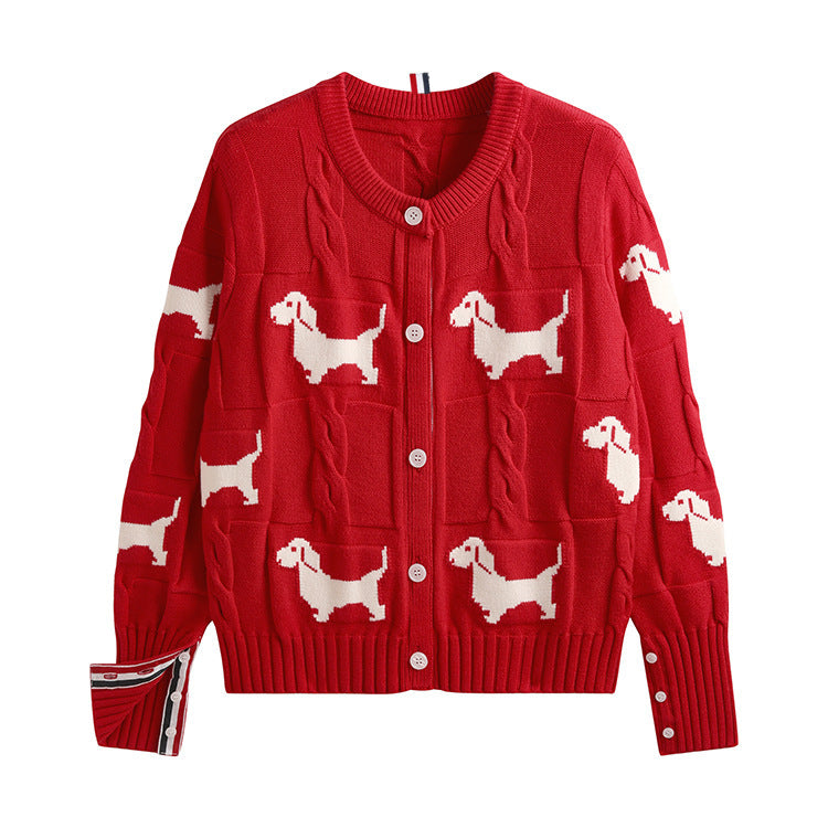 Dog Jacquard Design Twist Knit Cardigan with Round Neck