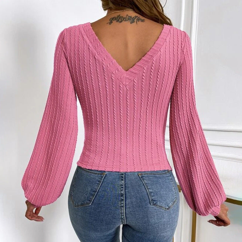 Women's Long-Sleeve Lantern Sleeve Sweater - Fitted Low Collar Design