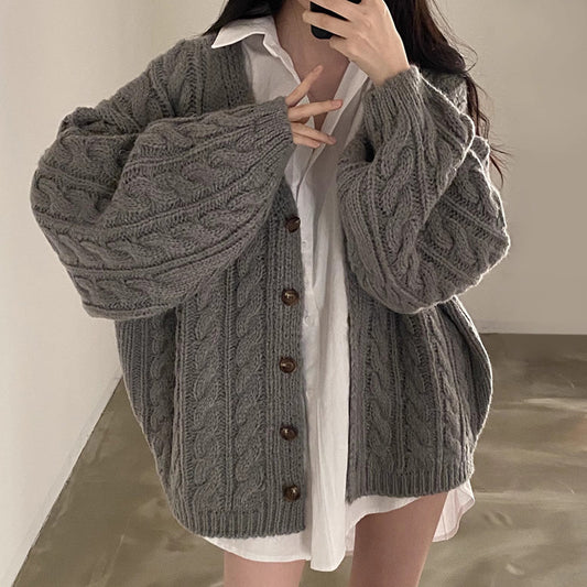 Women's Casual Loose-Fit Twist Knit Sweater Coat