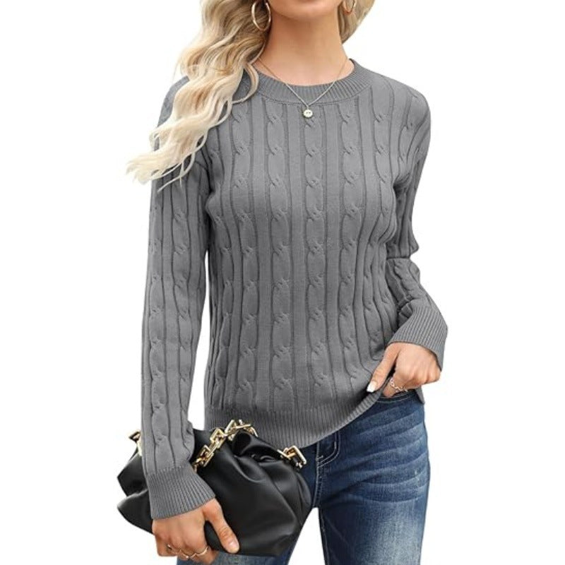 Solid Color Round Neck Pullover Sweater - Women's Long-Sleeve Base Layer