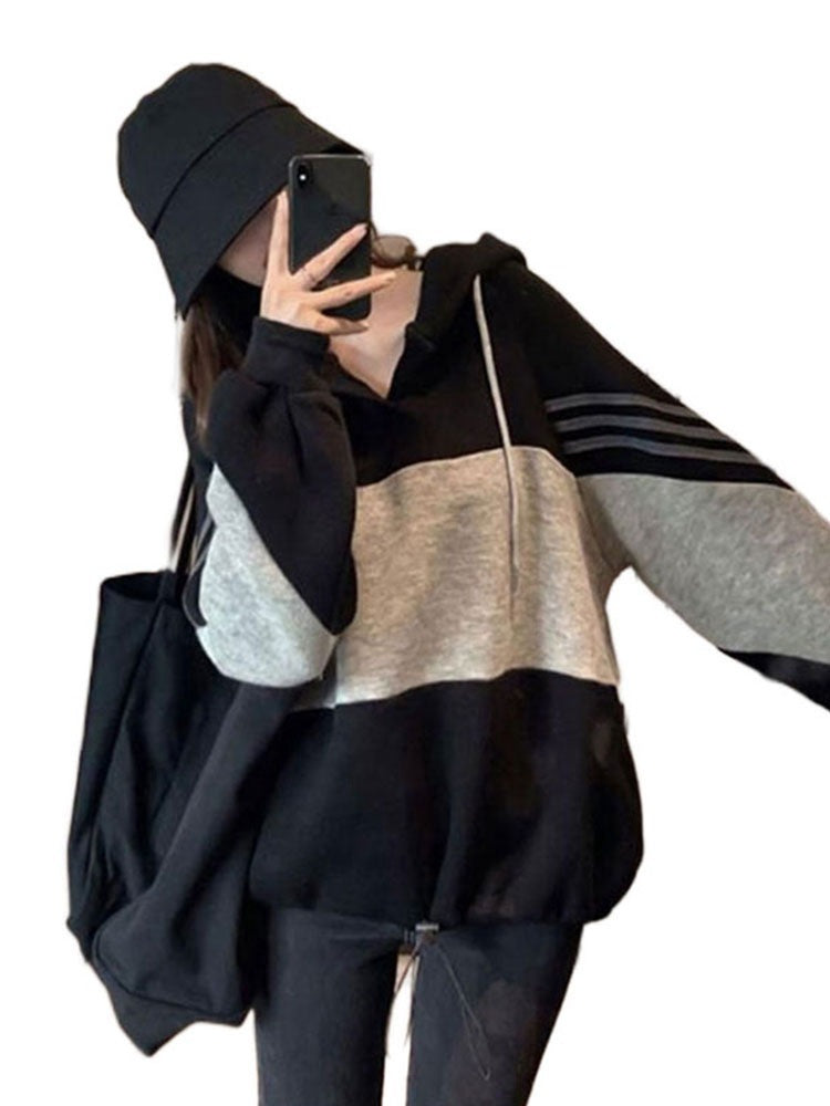 Korean Style Stitching Hooded Loose Pullover Top – Casual and Trendy