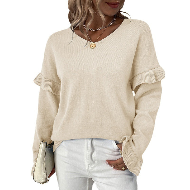 Solid Color V-Neck Sweater for Women with Petal Sleeves