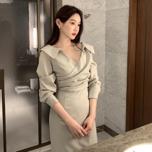 Slimming Puff Sleeve Elegant Young Self-tie Dress Women