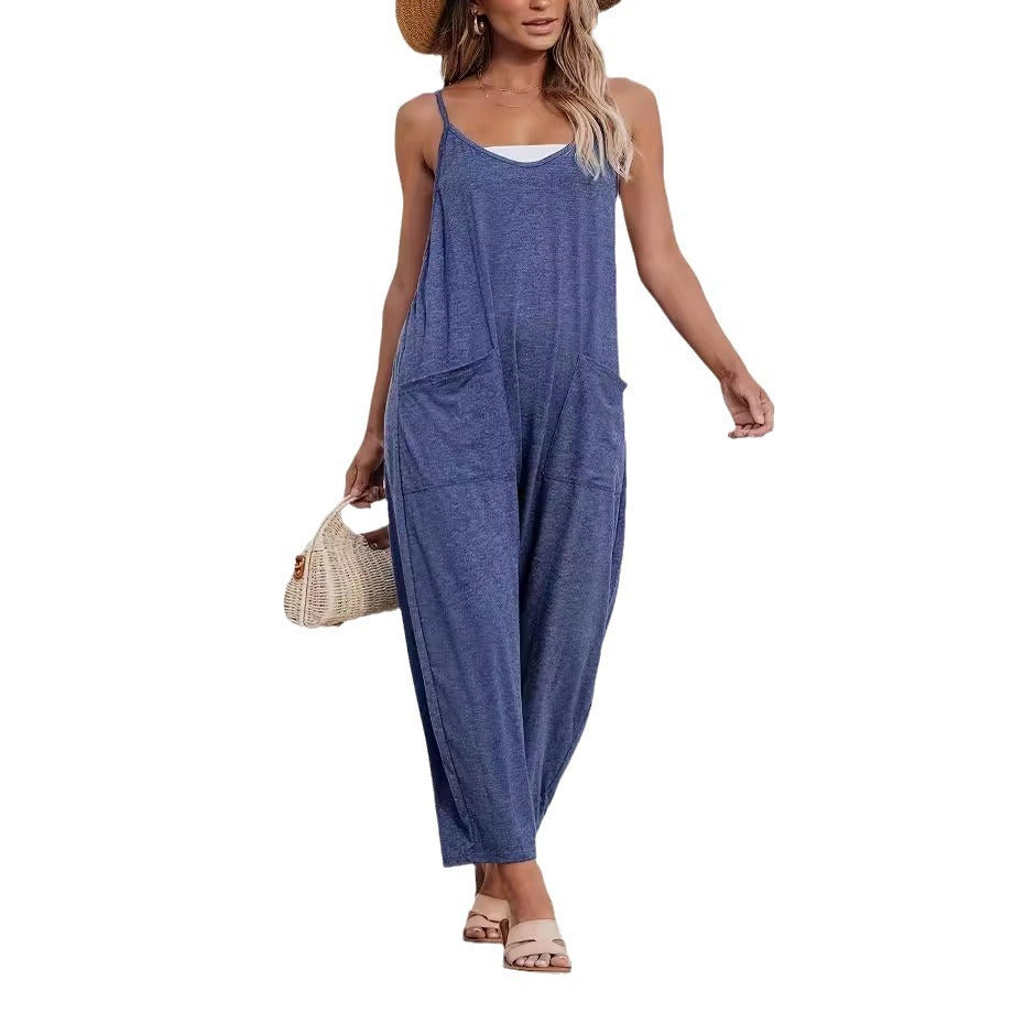 Summer Casual Knitted Jumpsuit with Spaghetti Straps, Suspender-Style Trousers