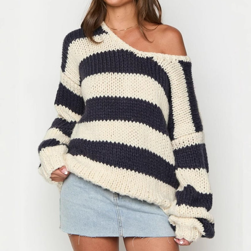 Fall and Winter Fashion Casual Loose Knitted Sweater – Oblique Shoulder Design