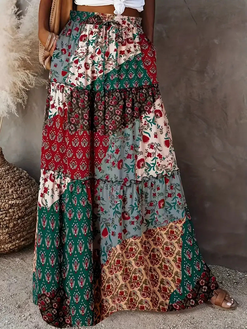 Printed Layered Patchwork Ruffle Gathered Skirt Women