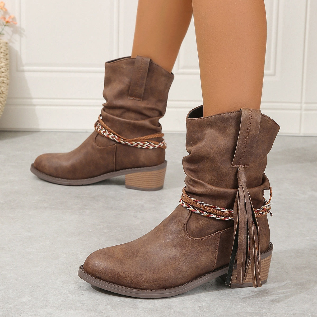 Women's Short Pleated Tassel Boots with High Heel and Mid-Calf Length for Autumn and Winter