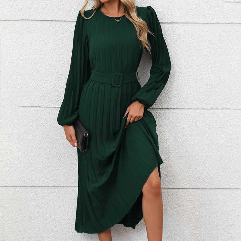 Women's Long-Sleeve Pleated Dress with Round Neck Design