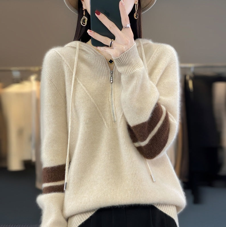 Hooded Zipper Knit Sweater for Women - Thickened, Color-Block Design