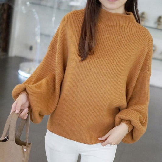 Half Turtleneck Lantern Sleeve Sweater – Loose Fit with Slimming Base Knitwear Design