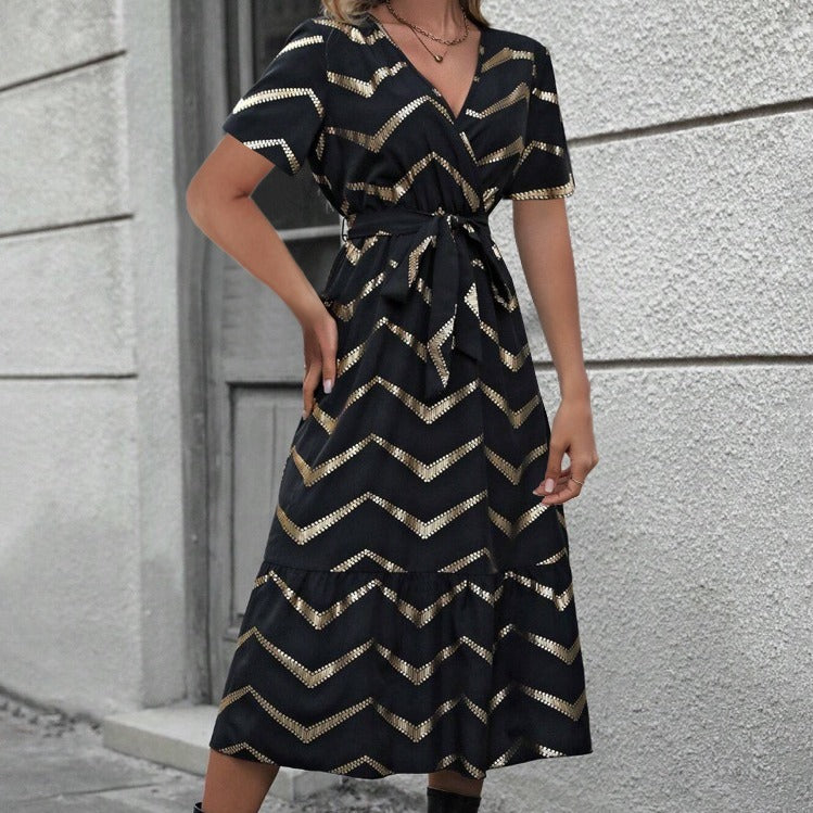 Striped Print Elegant Short Sleeve Dress with Belt