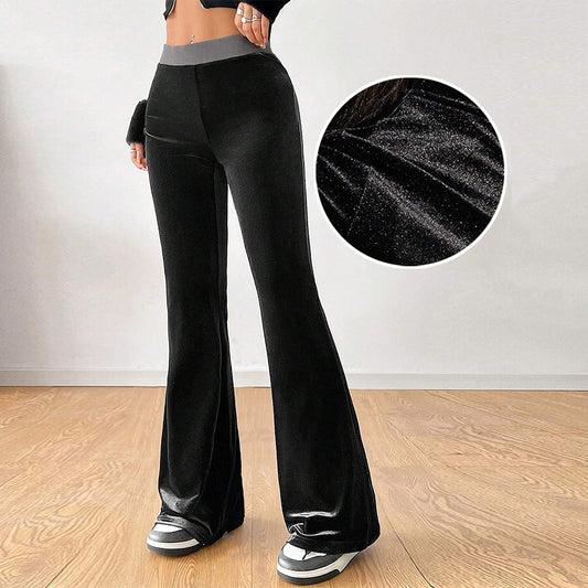 Women's Simple Korean Velvet Casual Pants High-Waisted Slim Fit Elastic Waist Wide-Leg Trousers For AutumnWinter