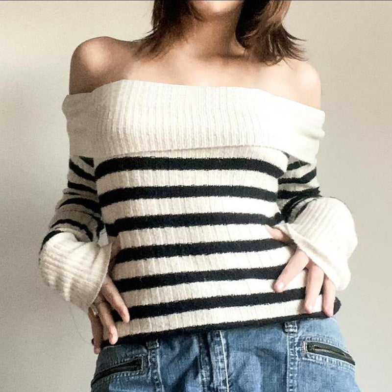 European and American Style Off-Shoulder Sweater with Contrast Color Stripes