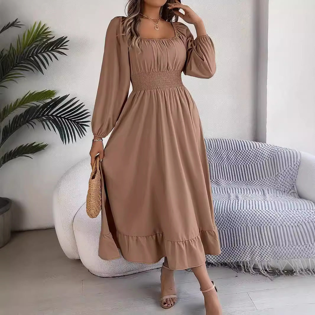 Elegant Casual Solid Color Ruffled Dress with Square Collar and Large Swing Design