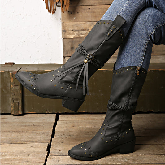 Women's Pointed-Toe Rivet Boots with Thick Mid-Heels and Tassel Accent