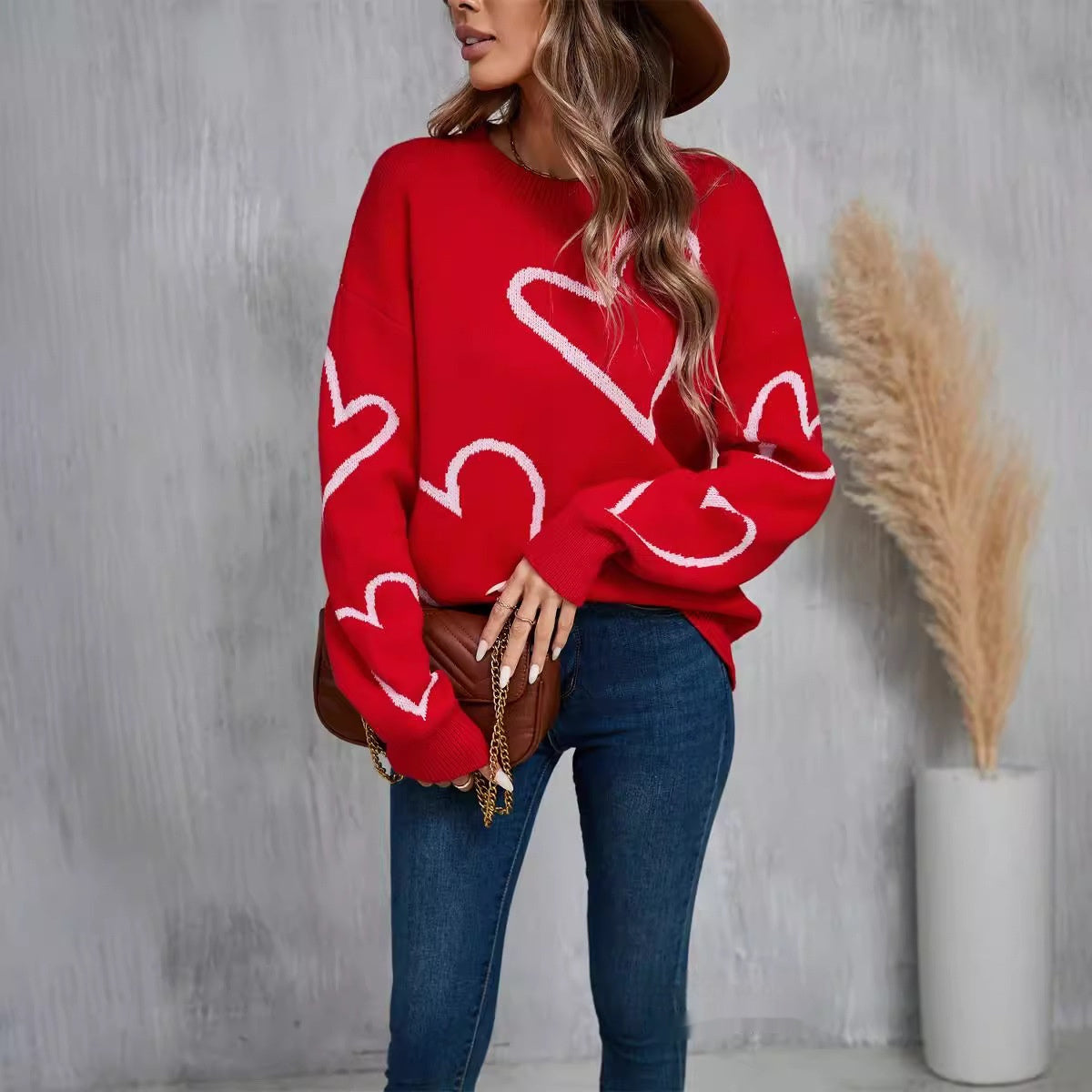 Valentine's Day Women's Pullover Sweater with Big Peach Heart Contrast Design