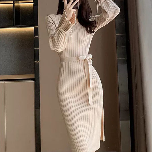 Autumn and Winter Solid Color Knitted Dress with Bell Sleeves