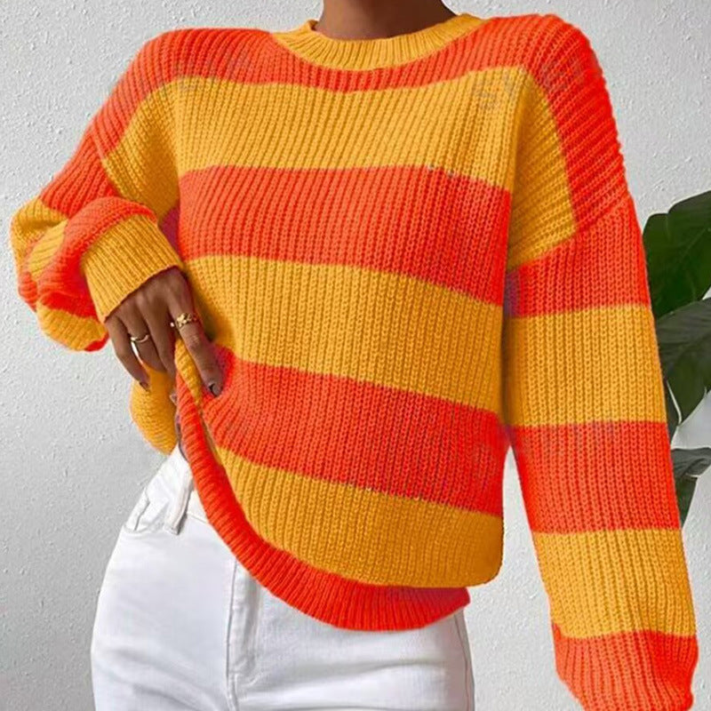 Women's Loose Fit Striped Sweater - Long Sleeve Pullover