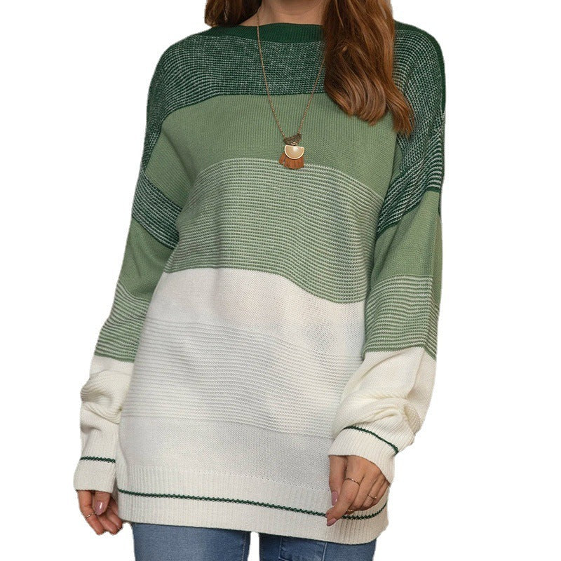 Women's Gradient Striped Color-Blocking Sweater – Loose Fit Green Knit Pullover