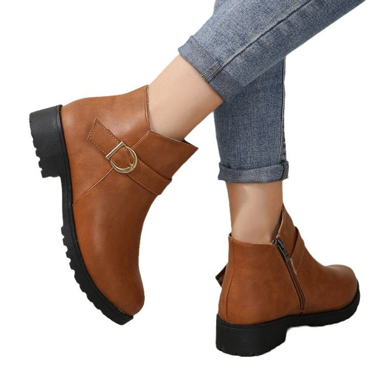 Short Leather Boots with Belt Buckle, Zipper, and Chunky Heel