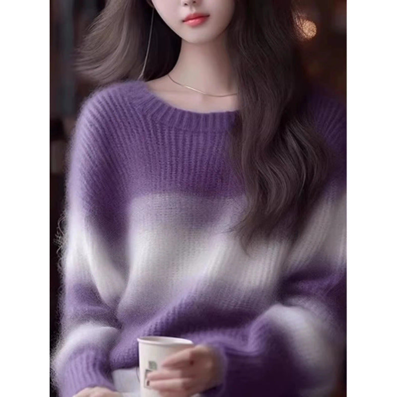 Purple Striped Soft Wool Knit Sweater