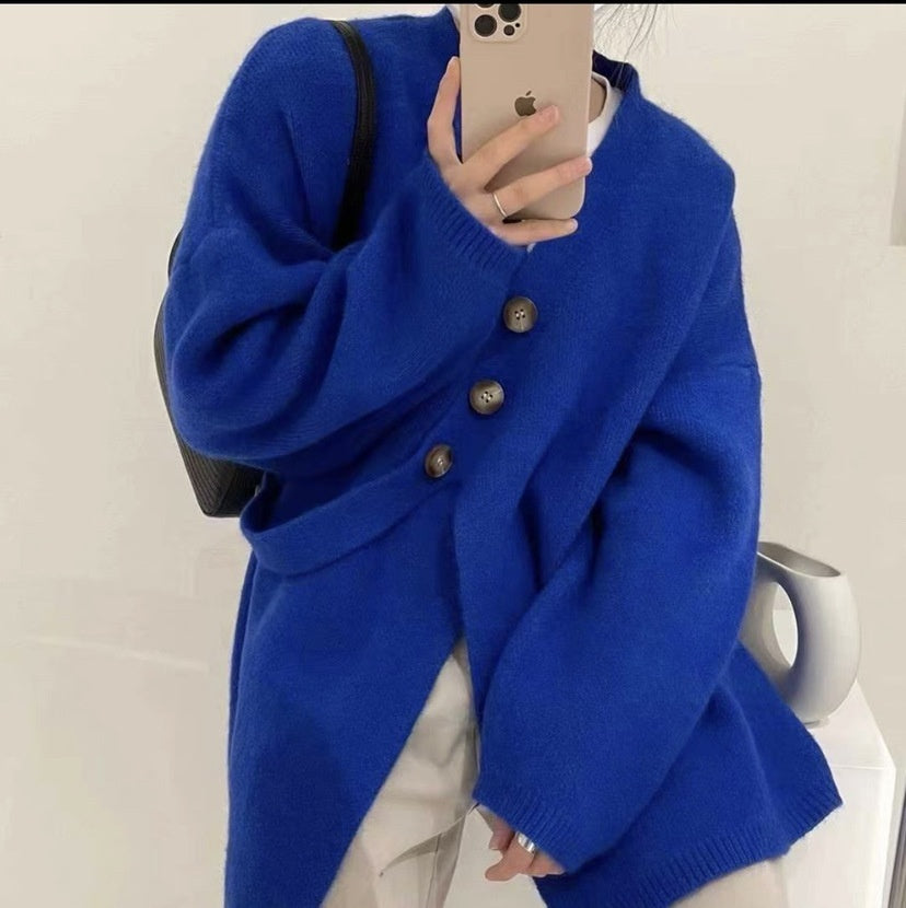 V-Neck Diagonal Buckle Loose-Fit Knit Sweater Jacket