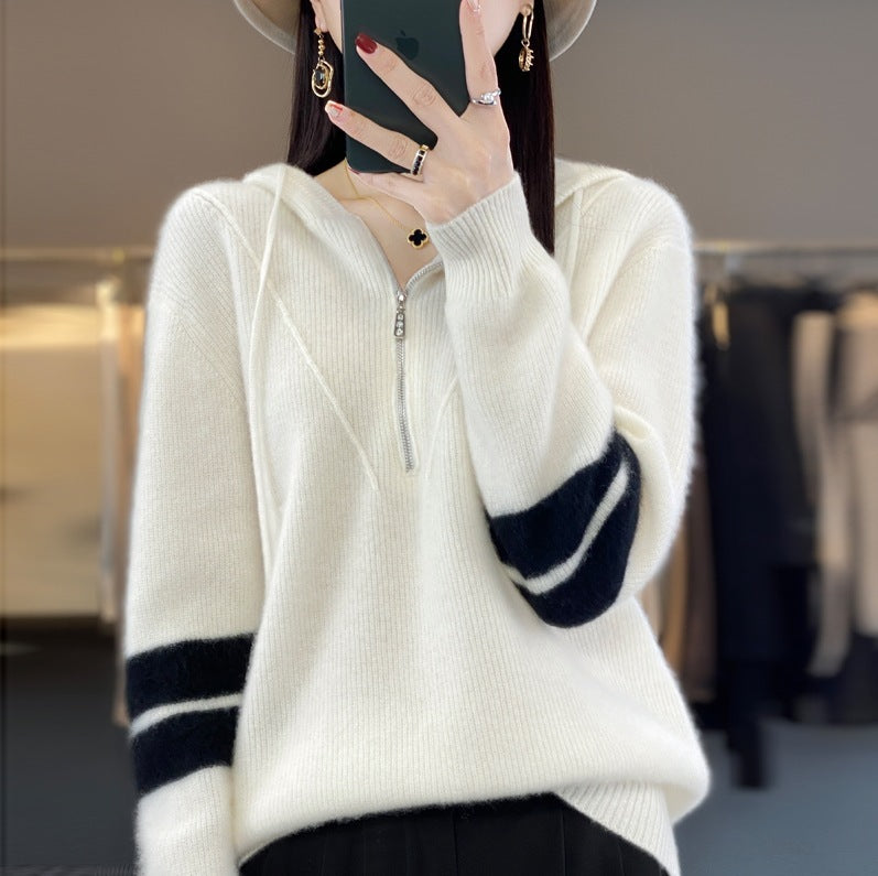 Hooded Zipper Knit Sweater for Women - Thickened, Color-Block Design