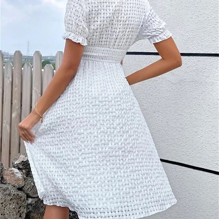 White Deep V-Neck Waffle Knit Bohemian Dress