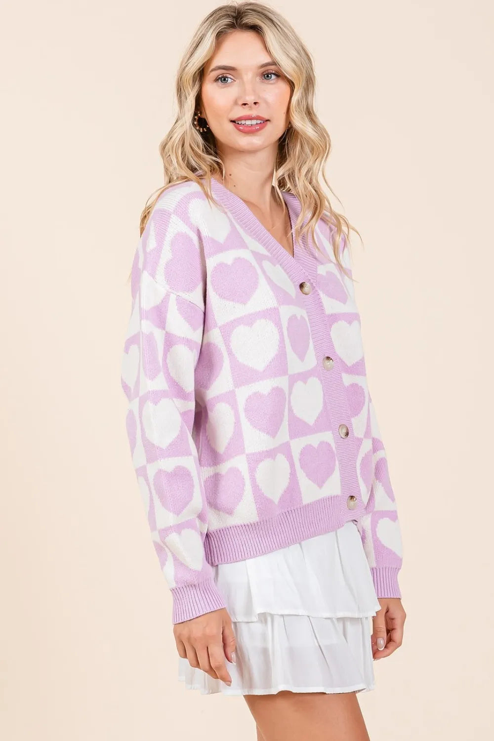 Mittoshop Checkered Heart Button-Down Cardigan for Women