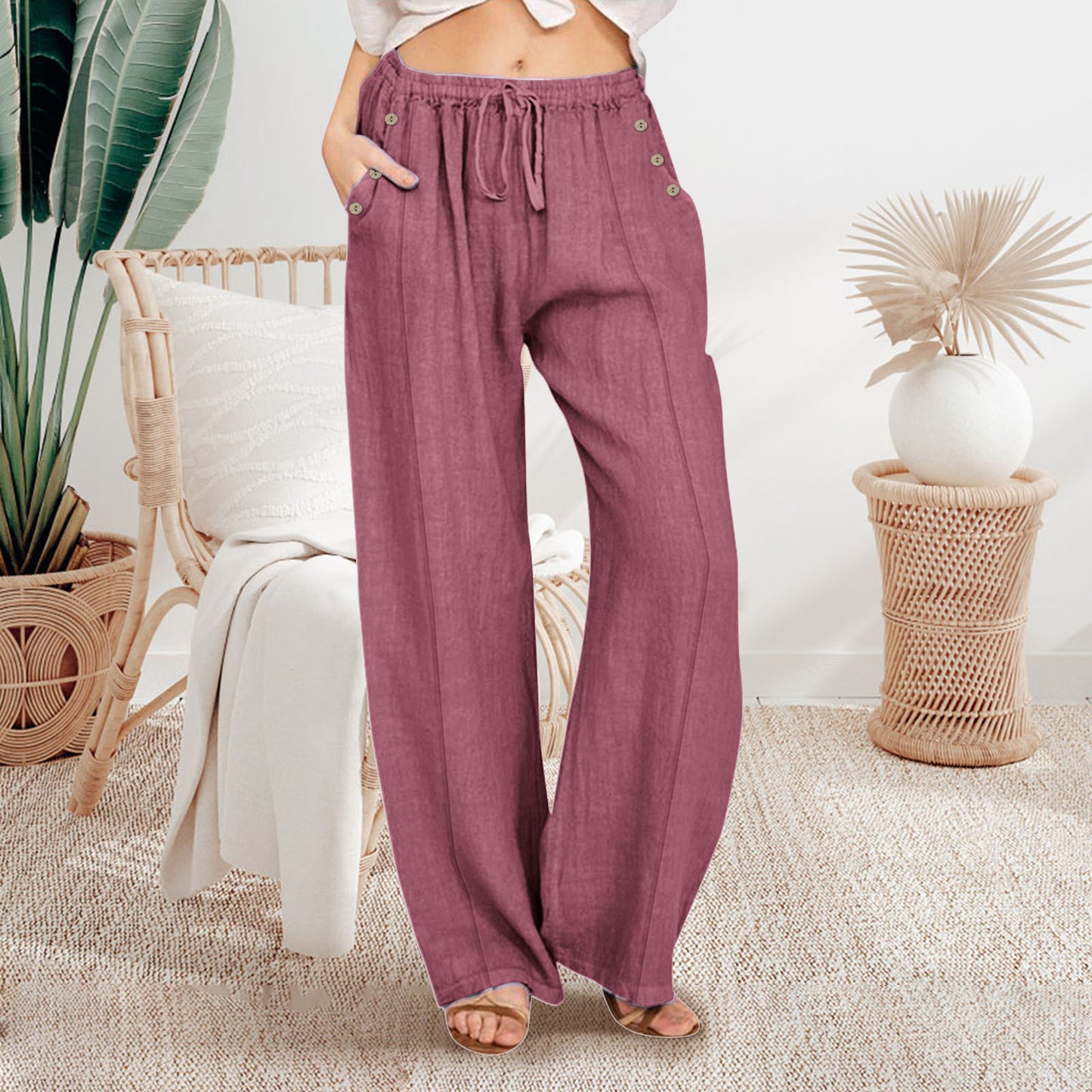 Women's Loose Button-Up Casual Wide-Leg Trousers