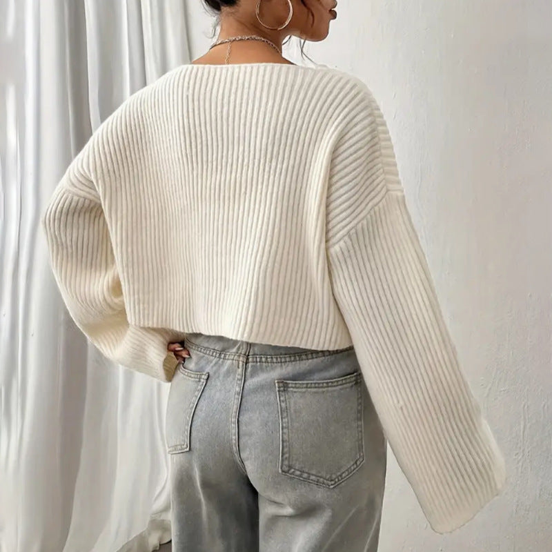 Women's Loose-Fit Midriff-Baring Sweater with Drop Shoulders and Ribbed Knit