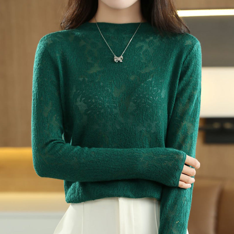 Women's Fashionable Half Turtleneck Hollow-Out Sweater, Loose-Fit Pullover Knit