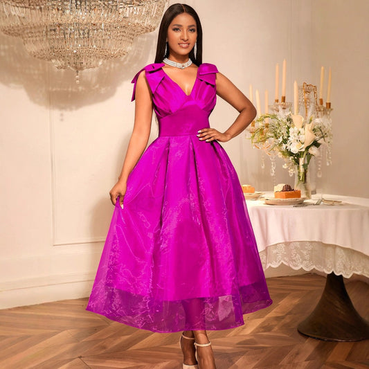 European And American V-neck Bow Sleeveless Dress