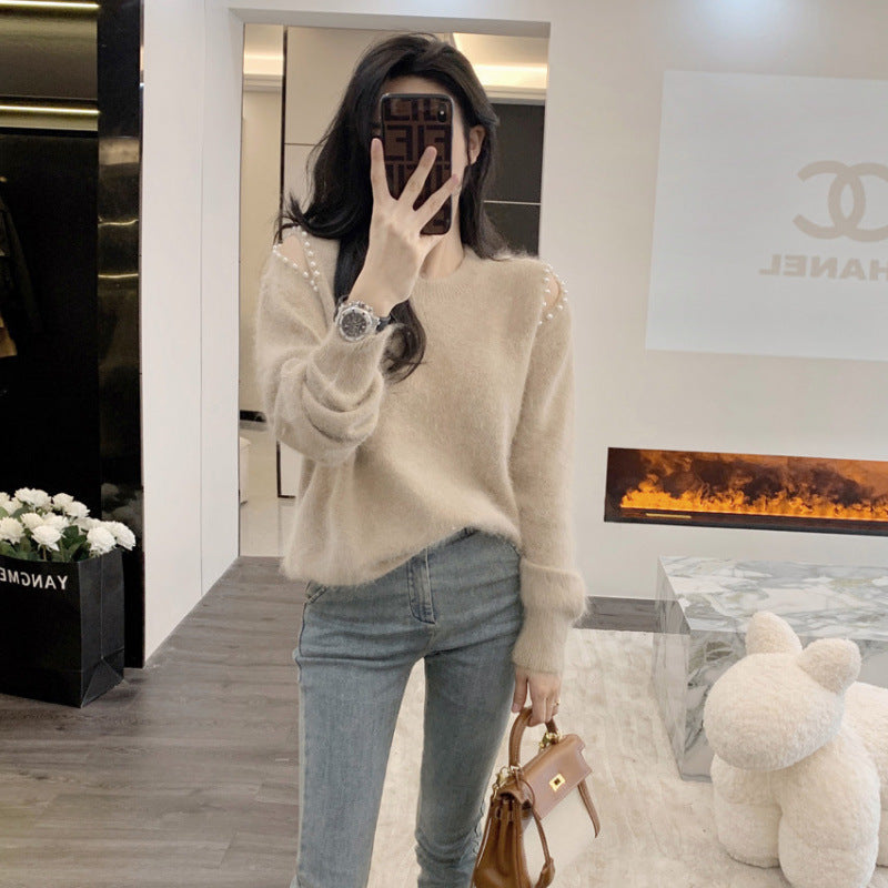 Off-the-Shoulder Beaded Mink-Like Wool Pullover Sweater with Sleeves