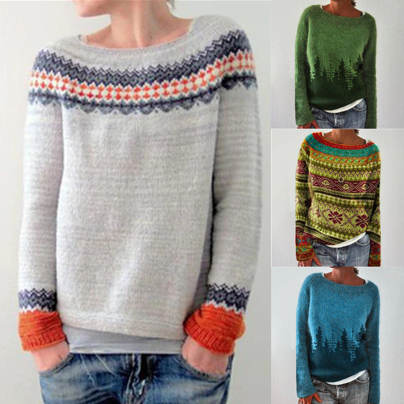 Women's Round Neck Loose-Fit Multicolor Fashion Pullover Sweater