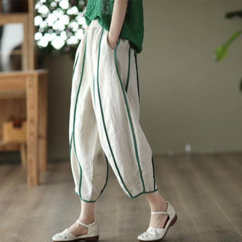 Women's Summer Thin Striped Cotton Linen Cropped Pants