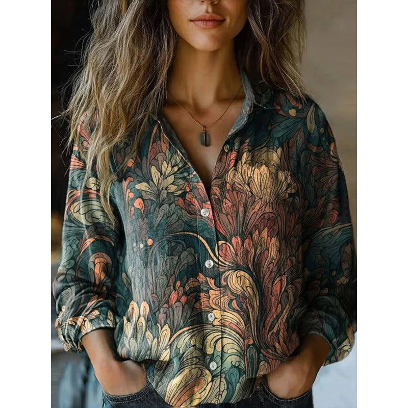 Retro Print Long Sleeve Casual Shirt