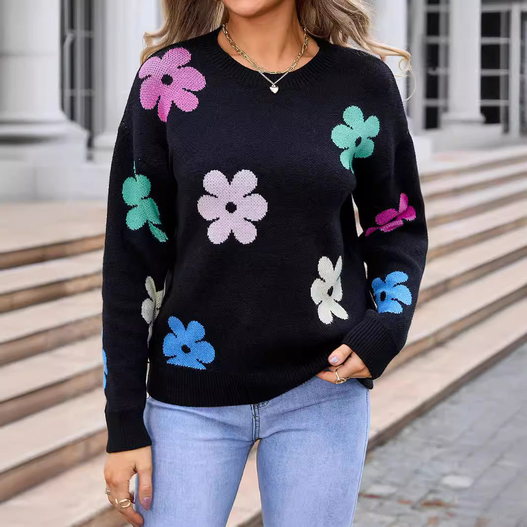 Women's Crew Neck Sweater - Floral Color-Block Design