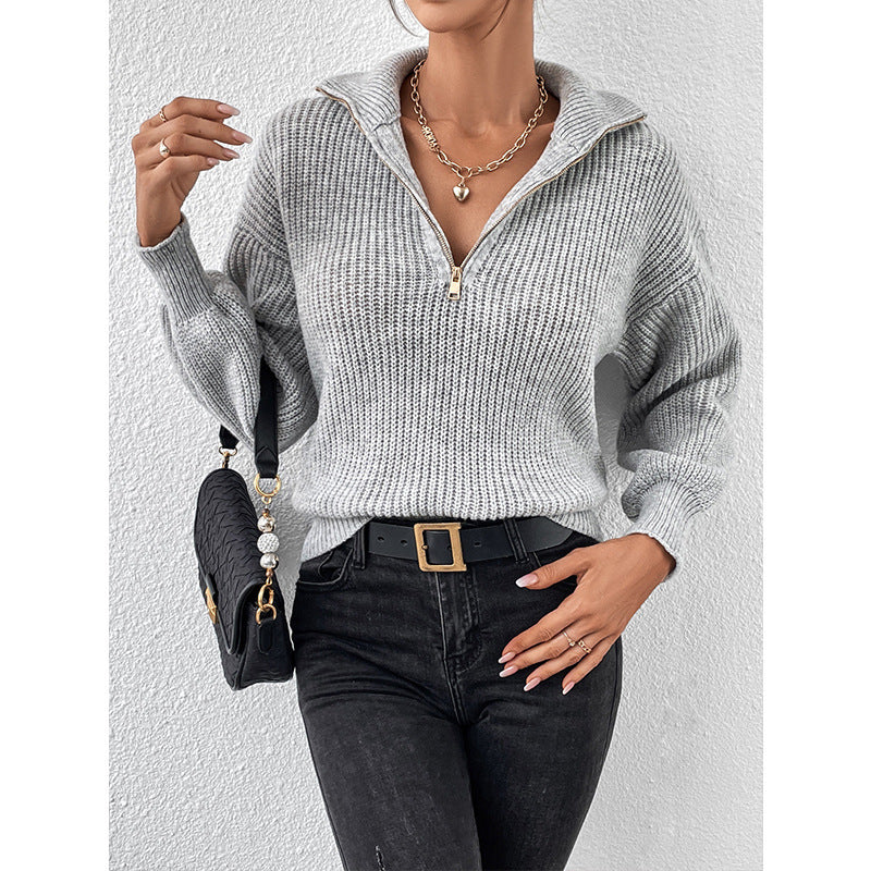 Women's Solid Color Zipper Pullover Loose-Fit Casual Long Sleeve Sweater